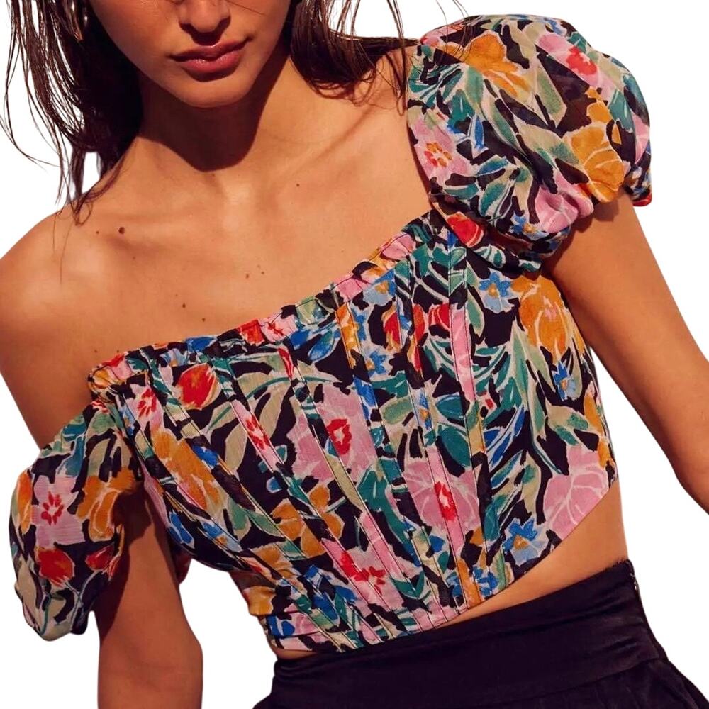 Promesa Floral Puff Sleeve Cropped Corset Top Size Medium